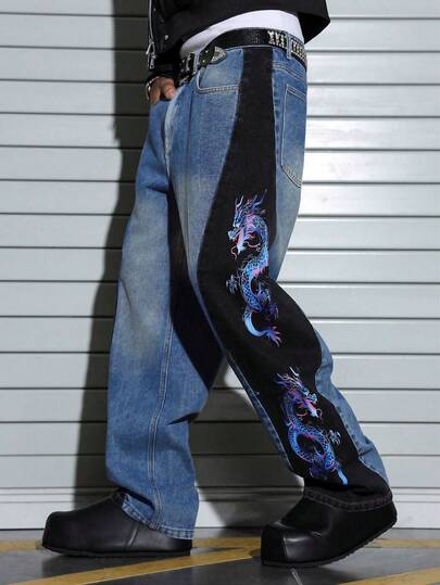 PAVTROS Men's Casual Fashion Street Gradient Chinese Dragon Print Contrast Color Loose Straight Leg Jeans Graphic Baggy Jeans