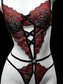 SHEIN Women's Lace Criss-Cross Hollow-Out Underwire Bodysuit, Baddie Look - Red - View 4