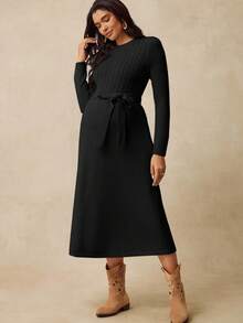 Boho Mama Fall Clothes,Autumn Clothes,Materity Autumn Clothes Maternity Maternity Solid Color Round Neck Drop Shoulder Long Sleeve Fitted Cable Knit Sweater Dress Black Maternity Dress Maternity Clothes Fall Winter Dress For Pregnant Women Pregnancy Clothing Nursing Dress - Black - View 4