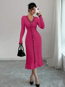 Selianne 女士V领单排扣长袖修身优雅日常针织连衣裙 - 玫紅色 - 查看 4