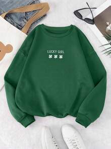 INAWLY Áo nỉ nữ / Họa tiết cỏ bốn lá thêu / Thủ công thêu / Áo nỉ thêu ngày lễ Thánh Patrick, Áo nỉ cô gái may mắn, Áo nỉ cỏ ba lá may mắn, Áo nỉ thời trang / Áo cổ tròn rộng rãi thường ngày cho nữ / Mùa thu đông - Màu xanh lá cây đậm - Xem 2