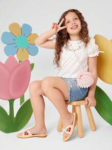 Mini mi #SweetBreeze Girl's Raffia Cherry Embroidered Pink Bow Trim Slide Sandals – Cute, Fresh & Summer-Ready. - Baby Pink - View 4