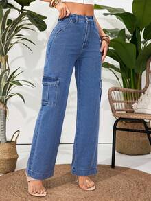 Mezclilla Pantalones cargos rectos gris sólidos, casuales y elegantes para mujer adecuados para uso diario, oficina, citas y vacaciones. - Azul - Ver 5