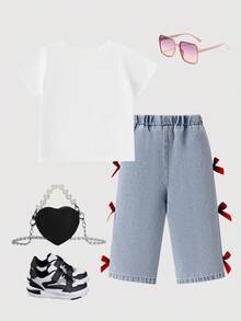 SHEIN Playful Pals 女婴休闲可爱粉色蝴蝶结印花短袖上衣搭配荷叶边蝴蝶结装饰牛仔裤，夏季韩版风格 - 白色 - 查看 2