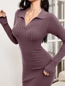 Modelyn Váy dệt kim bó màu trơn thanh lịch dành cho nữ, Thu/Đông - Bụi tím - Xem 3