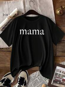 女士 Old English Mom 图案休闲套头短袖圆领 T 恤 - 黑色 - 查看 1