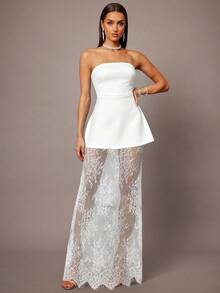 Silquee 2pcs/Set Black Cropped Bustier Top And Lace Hem Mini Skirt, Suitable For Dates, Graduations, Concerts, Bridesmaid Dresses, Weddings, Romantic Occasions, Minimalist Style, Elegant Outfit For Daily Wear - White - View 4