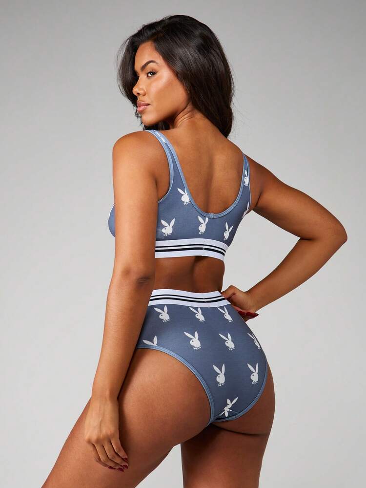 Missguided x Playboy Komplet biustonoszy typu bralette z nadrukiem króliczka, dekoltem w łódkę i gumką
