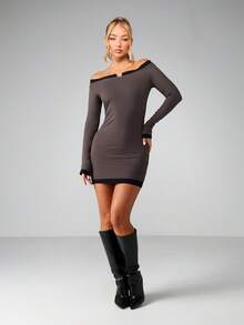 MISSGUIDED Off Shoulder Long Sleeve Bodycon Mini Dress With Contrast Black Trim Detail For Evening Party Occasions - Grey - View 3