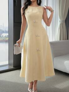 Modelyn New Elegant Embroidered & Beaded Cinching Waist Tie Back Sleeveless Slim Fit Everyday & Party Wear Dress, Butter Yellow - Pale Yellow - View 4