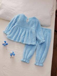 2pcs Baby Girls Casual Cute Rabbit Embroidered Ruffled Fleece Long Sleeve Top And Pants Homewear Set  Like Princess - Blue and White - View 2