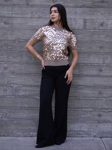 Andrea Bello FASHIONABLE VERSATILE SEQUIN EMBELLISHED SHORT SLEEVE PULLOVER KNIT SWEATER KNIT PULLOVER FALL WINTER - Khaki - View 2