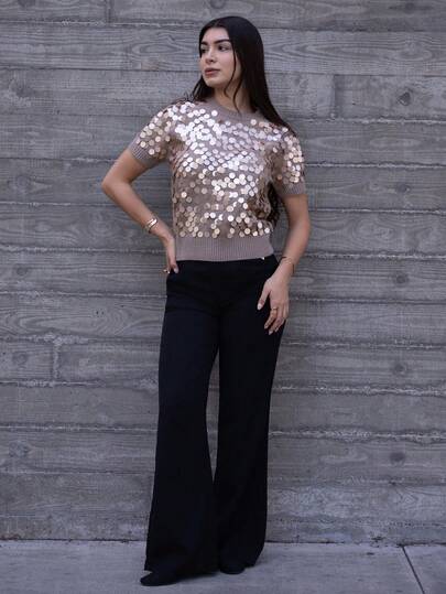 Andrea Bello FASHIONABLE VERSATILE SEQUIN EMBELLISHED SHORT SLEEVE PULLOVER KNIT SWEATER KNIT PULLOVER FALL WINTER