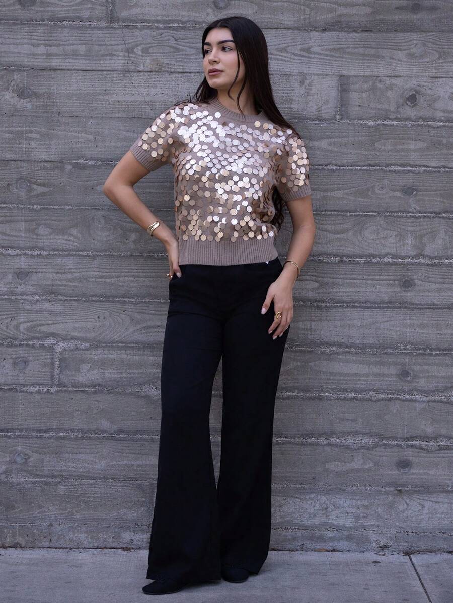 Andrea Bello FASHIONABLE VERSATILE SEQUIN EMBELLISHED SHORT SLEEVE PULLOVER KNIT SWEATER KNIT PULLOVER FALL WINTER