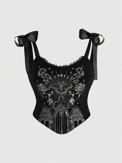 Goth Reggiseno bralette con motivo floreale ricamato in stile gotico vintage e architettura di palazzo, di taglia grande, con spalline a farfalla. Elegante canotta nera di taglia grande.