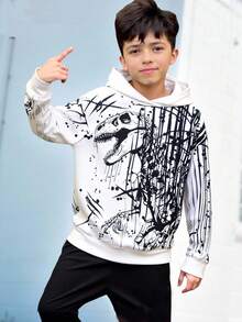 SHEIN Fantacosmos Tween Boy Dinosaur Print Long Sleeve Casual Cool Hoodie Sweatshirt - Black and White - View 1