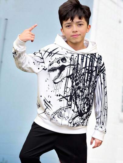 SHEIN Fantacosmos Tween Boy Dinosaur Print Långärmad Casual Cool Hoodie