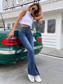 EMERY ROSE Women Casual High-Rise Raw Hem Flare Blue Jeans - Dark Wash - View 4