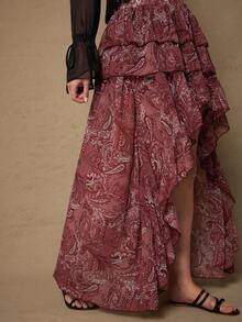 Freevana Women Plus Size Dusty Rose Paisley Print Chiffon Skirt,Autumn Boho Vacation Holiday High Low Western Country Havana Nights Skirt - Burgundy - View 8