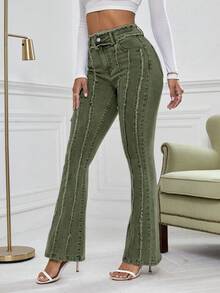 Selenza Quần jeans ống loe ôm, gấu rách giặt thường ngày - xanh quân đội - Xem 3