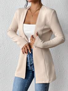 EMERY ROSE Áo blazer nữ dáng ngắn, không lót, cổ bẻ, tay dài, chất liệu mỏng nhẹ, kiểu dáng thường ngày, thích hợp cho mùa hè. - Màu be - Xem 7