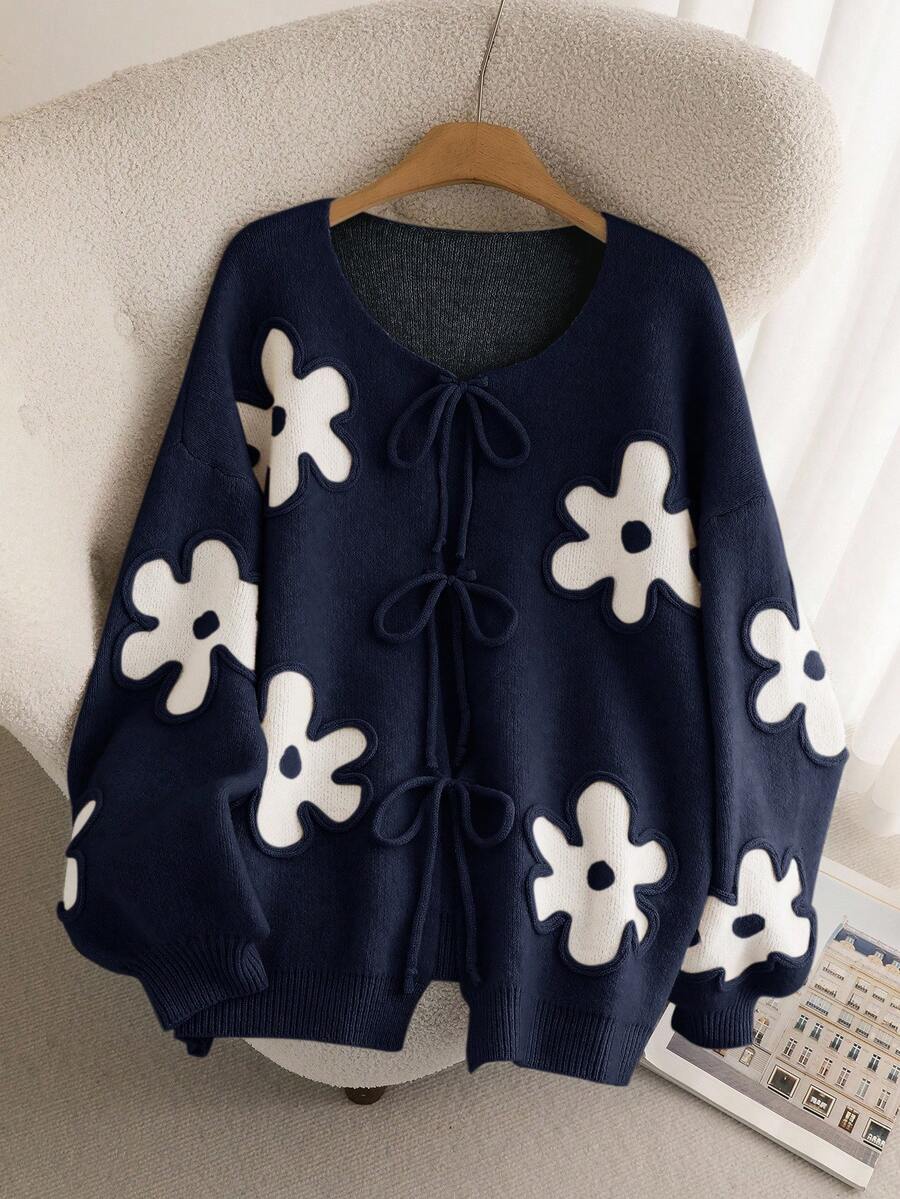 CosyJoli Plus Size Women Heart Knitted Cardigan, French Elegant Fashion Autumn/Winter Sweater Coat Navy Blue - Navy Blue - View 1