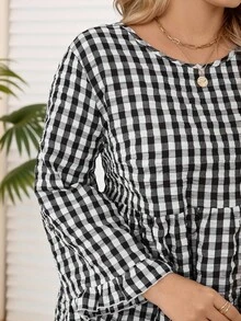 Rosumi Áo cánh tay loe kẻ caro cổ tròn viền bèo nhún cỡ lớn cho nữ, Lễ Tạ ơn dành cho nữ, Thu/Đông, Mới 2025 - Đen và trắng - Xem 4