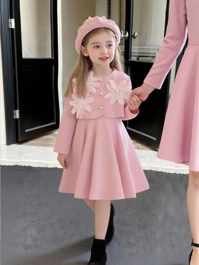 SHEIN 3D Floral Decor Single-Breasted Jacket And Sleeveless Dress Set For Young Girls, Unique Tailoring With Novel Accessories, Fashionable And Elegant Yet Cute, Suitable For Important Occasions