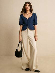 Poéselle Women's Sweetheart Collar Puff Sleeve Casual Denim Blouse Dark Blue Denim Top Summer Tops Elegant Blouses For Ladies Y2K Tops Valentines Day - Dark Wash - View 6