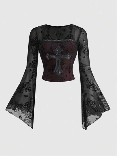 Goth Blusa da donna romantica e gotica, con maniche a sbuffo in rete traforata, collo a cuore e contrasto di colori