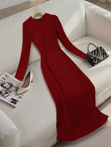 Franclia 条纹纹理优雅圆领中长连衣裙（女款） - 紅色 - 查看 4