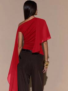 SHEIN BAE Women's Asymmetric Shoulder Ruched Neck Tie Knit Top, Elegant Fitted Sweater, Autumn/Winter - Red - View 2
