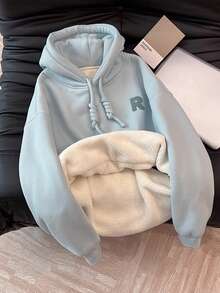 INAWLY 休闲宽松连帽抓绒卫衣，秋冬季 - 藍色 - 查看 1