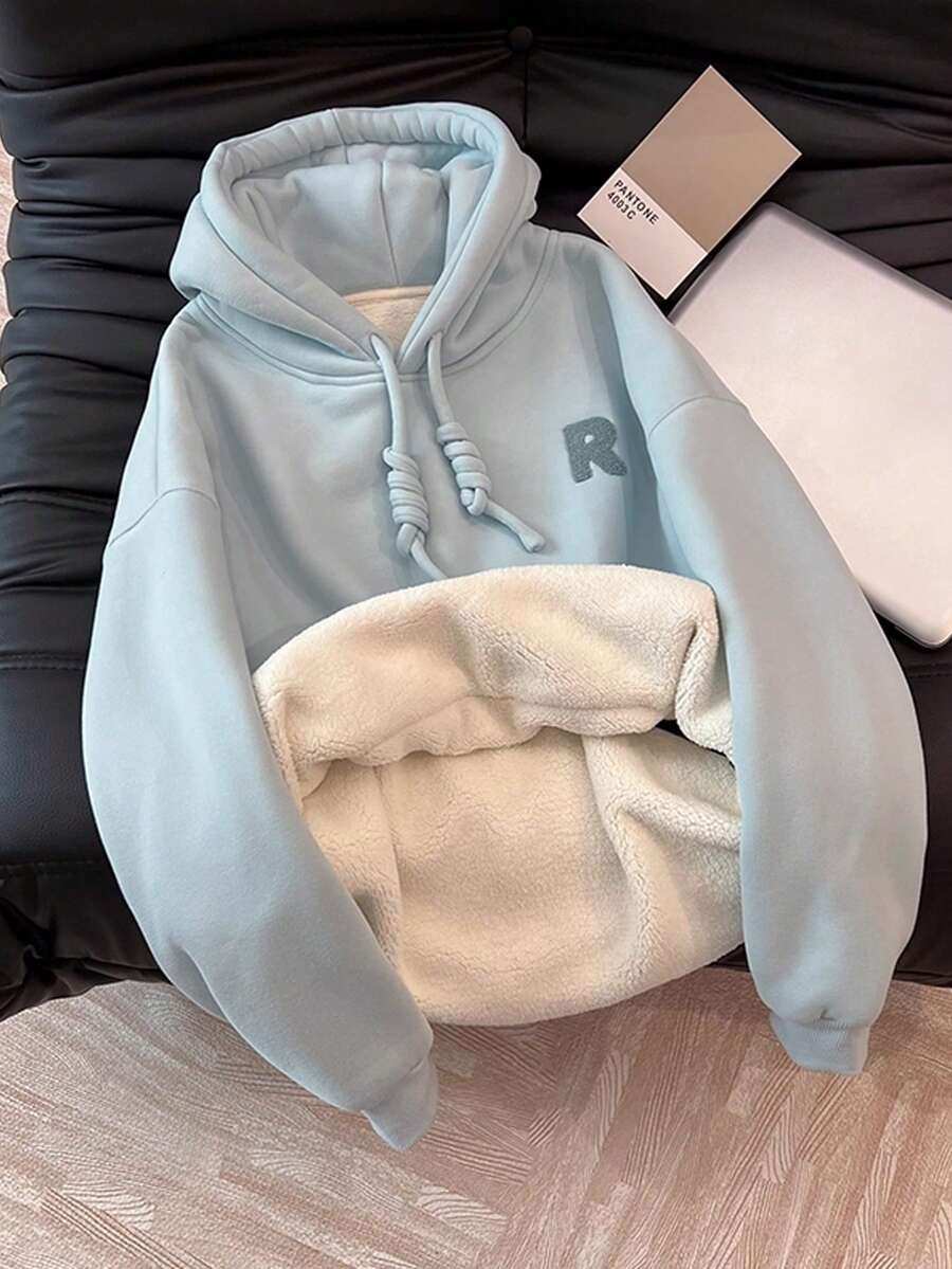 INAWLY 休闲宽松连帽抓绒卫衣，秋冬季 - 藍色 - 查看 1