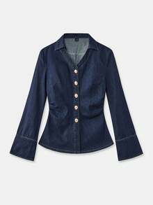 Maija Retro-Style Button-Down Pleated Slim-Fit Blue Denim Shirt For Women,Waist-Cinching Long-Sleeved Shirt - Dark Wash - View 5