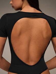 SHEIN BAE 女式无袖露背弹力纯色夏季运动连体裤 - 黑色 - 查看 3