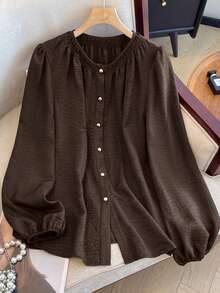 GlowEve CURVE Áo cánh tay bồng cổ tròn cỡ lớn dành cho nữ, thích hợp mặc đi làm và mặc hàng ngày, chất vải mềm mại và thoải mái - Cà phê nâu - Xem 1