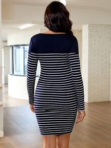 MaterniWear 孕妇条纹方领长袖修身休闲哺乳连衣裙 - 藍色 - 查看 2
