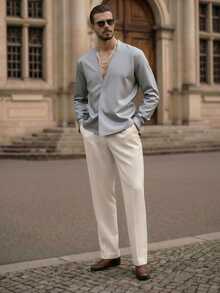 HIMLAND 男士不对称领梭织衬衫，优雅派对风格，适合婚礼、音乐节等场合 - 灰色 - 查看 3