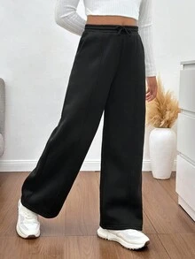 SHEIN 年轻女孩黑色简约百搭阔腿休闲裤，适合日常穿着 - 黑色 - 查看 3