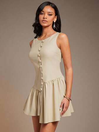 L'Amorae 休闲通勤简约纯色无袖女式迷你连衣裙