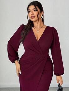 Elenzga 大码女士优雅V领长袖裹身开衩连衣裙，适合派对、新年、婚礼宾客等场合，酒红色，春/秋/冬皆宜。 - 酒紅色 - 查看 6