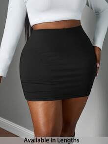 SHEIN PETITE CURVE 大码时尚百搭纯色修身半身裙 - 黑色 - 查看 1