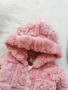 SHEIN Vintaside Kids Newborn Simple Stylish Cute Polka Dot Long Sleeve Hooded Fleece Romper Pajamas - Pink - View 5