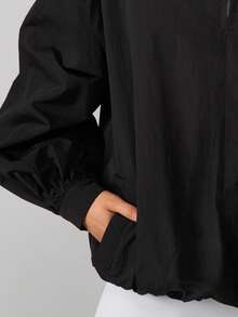 MISSGUIDED Glänsande vindjacka för kvinnor, dragkedja fram, höftlång jacka, elastiska muddar, höstvinterytterkläder - Svart - Visa 6