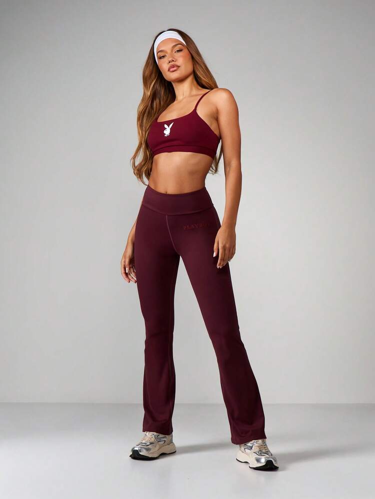 Missguided x Playboy High Rise Flared Burgundy Athletic Pants With Logo And Elastic Waistband For Casual Workout Training