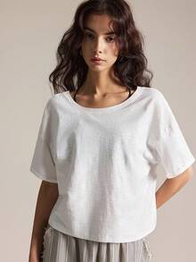 Easelle 休闲修身白色纯棉女式T恤 - 白色 - 查看 4