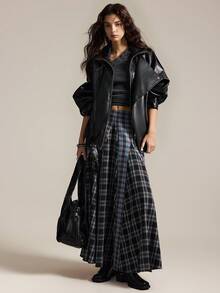 Easelle 女士格子拼接A字裙，休闲学院风 - 藍色 - 查看 6