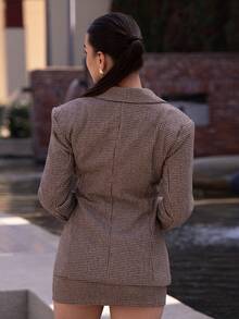Andrea Bello Retro Chic Commuting Brown Plaid Suit Set - Cinched Waist Blazer Jacket + Low Waist Skirt 2 Pieces Set (Including Shoulder Pads) In Fall/Winter - Multicolor - View 2