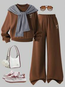 Sparklyn 3件套/儿童套装：大童纯色刺绣宽松圆领上衣+格子条纹披肩+配套休闲运动裤 - 咖啡棕 - 查看 1